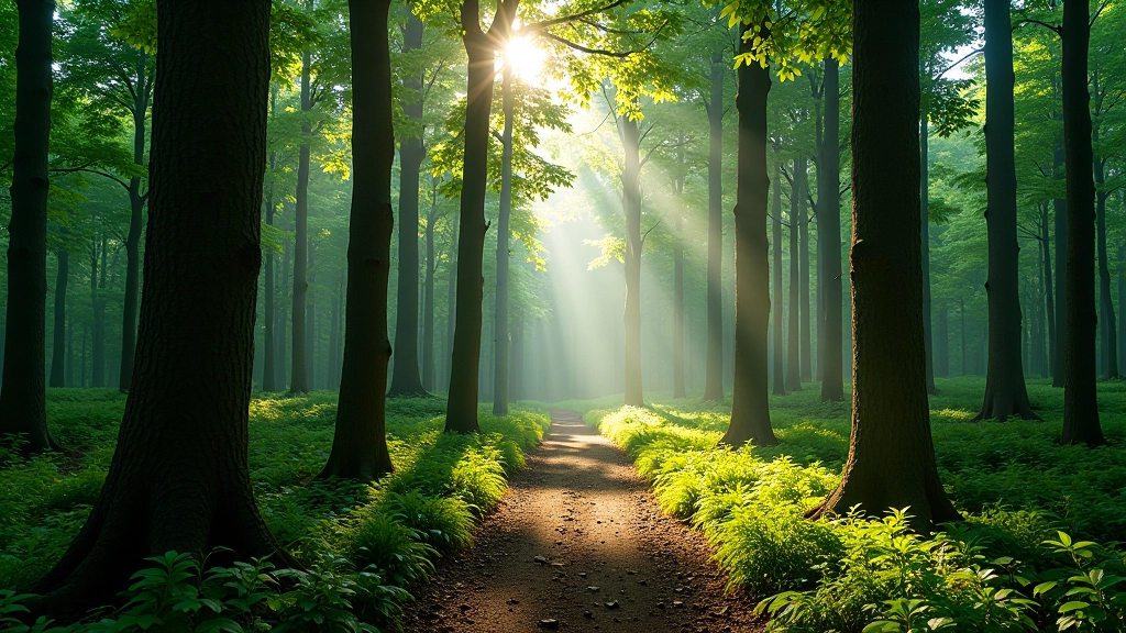 Forest hiking trail in dense woodland with autumn foliage and clear path ahead