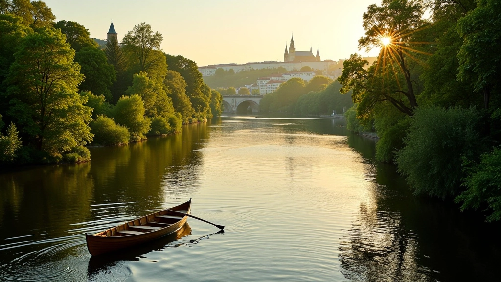 Calm Vltava river flowing between tree-lined banks with rowing boat, Prague bridges visible in distance, golden hour light