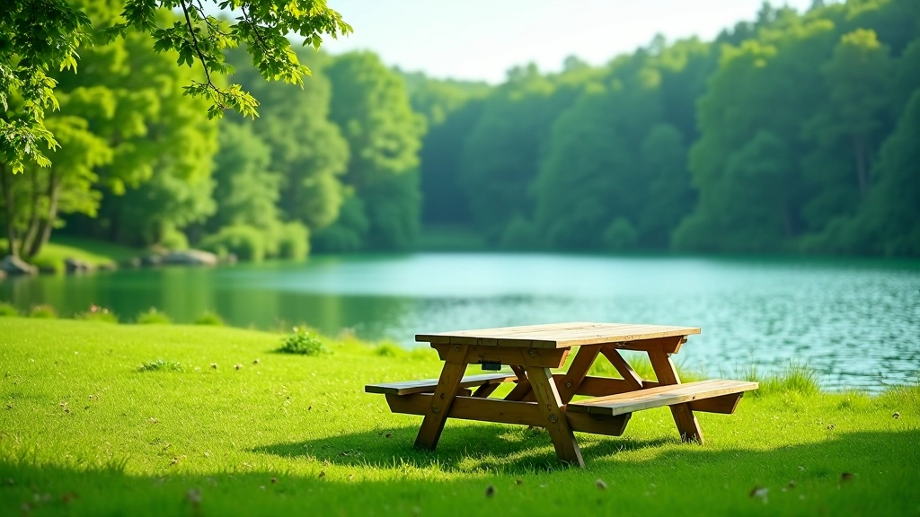 Wooden picnic table on grassy meadow by a lake shore with trees in background